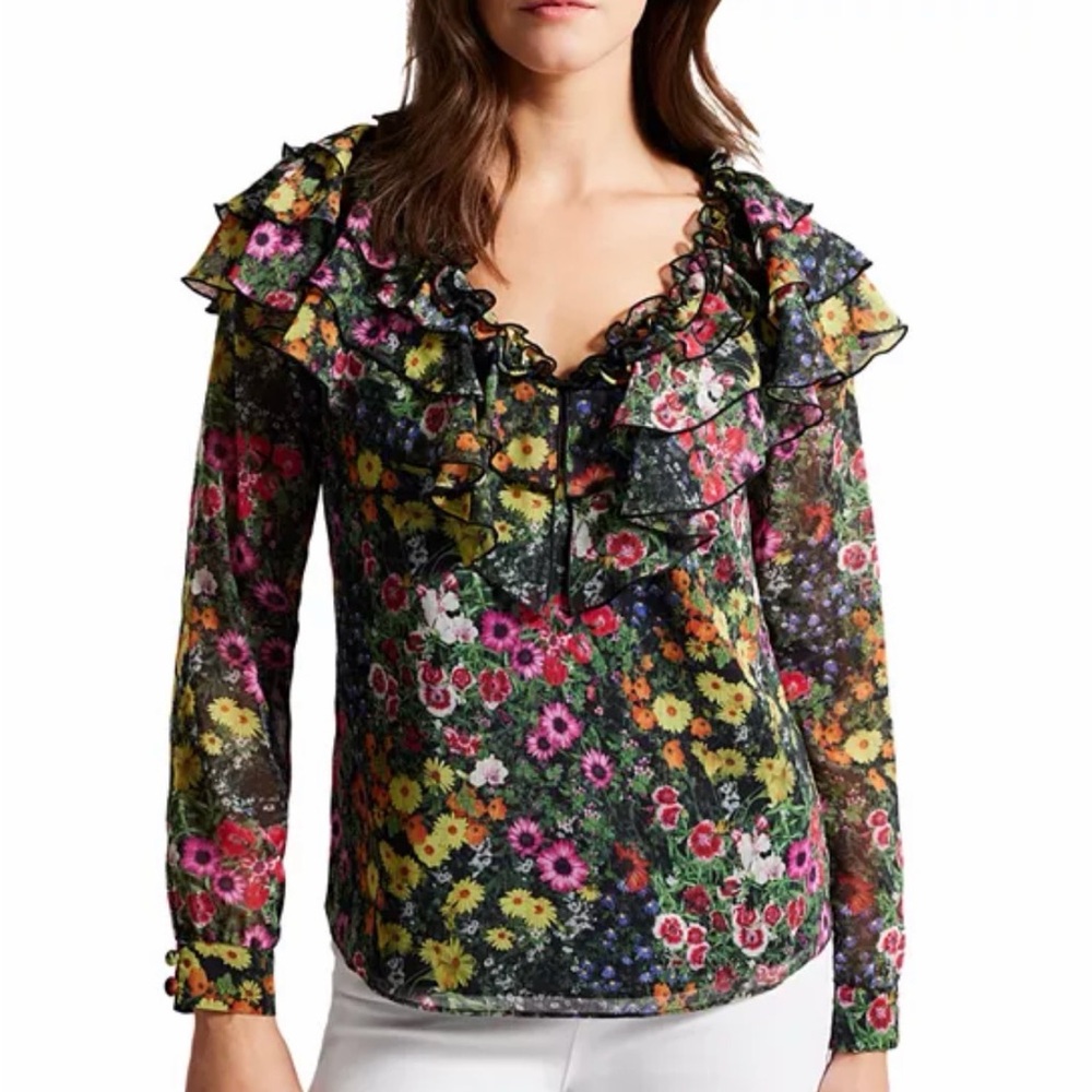 Ted Baker Amell Floral Ruffle Blouse Size 1 Coquette Romantic Feminine Spring - Picture 9 of 15
